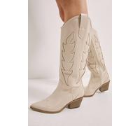 Faith Women's : Issy Faux Leather Detailed Western Cowboy Calf Boots in Beige | Size: 7 Faith Beige 7