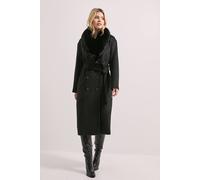 Dorothy Perkins Faux Fur Collar Belted Longline Coat In Black black