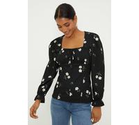 Dorothy Perkins Women's Floral Shirred Cuff Textured Long Sleeve Top in Mono | Size: Large Dorothy Perkins Mono L