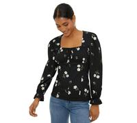Dorothy Perkins Floral Shirred Cuff Textured Long Sleeve Top, L, Mono Black/White