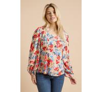 Dorothy Perkins Women's Floral V Neck Blouson Sleeve Top | Size: 14