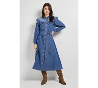 Dorothy Perkins Frill Yoke Denim Dress In Mid Wash mid wash 10