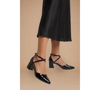 Dorothy Perkins Good For The Sole: Wide Fit Millie Comfort Faux Patent Leather Cross Strap Medium Heel Court Shoes In True Black true black