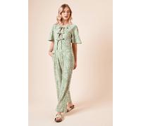 Dorothy Perkins Green Ditsy Bow Tie Front Angel Sleeve Jersey Jumpsuit, 14, green