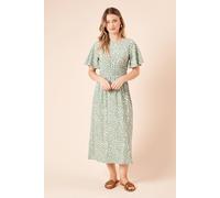 Dorothy Perkins Green Leopard Shirred Waist Short Sleeve Jersey Midi Dress, 14, Green