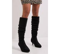 Dorothy Perkins Women's Khloe Faux Suede Kitten Heel Knee High Ruched Boots in Natural Black | Size: 5
