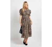 Dorothy Perkins Women's Leopard Tie Front Frill Sleeve Printed Poplin Midi Dress | Size: 12 Dorothy Perkins Leopard 12