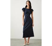 Navy Spot Print Ruffle Sleeve Empire Midi Dress Dorothy Perkins Navy 14