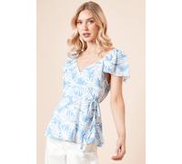Palm Wrap Front Frill Sleeve blouse Dorothy Perkins Blue 10