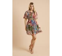 Dorothy Perkins Women's Patchwork Floral Puff Sleeve Dropped Waist Shirt Mini Dress | Size: 14