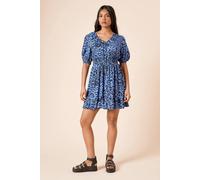 Womens Petite Animal Tie Front Frill Sleeve Mini Dress Blue 6