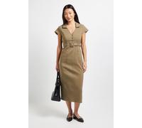 Dorothy Perkins Petite Bengaline Belted Button Down Midi Dress In Khaki khaki 12