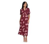 Dorothy Perkins Petite Berry Floral Collared Button Detail Puff Sleeve Midi Dress, 8, Berry