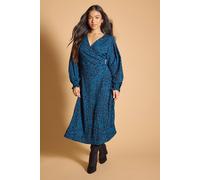 Dorothy Perkins Petite Blue Animal Wrap Front Shirred Cuff Printed Jersey Midi Dress blue