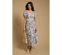 Dorothy Perkins Petite Blue Floral Lace Trim Pleat Bodice Puff Sleeve Midi Dress blue