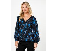 Dorothy Perkins Petite Blue Floral Long Sleeve Lace Trim Button Front Tea Blouse floral 8
