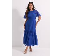 Petite Blue Frill Cape Sleeve Tiered Printed Chiffon Midi Dress Dorothy Perkins Blue 16