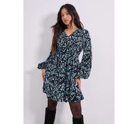 DOROTHY PERKINS Petite Blue V Neck Smock Blouson Sleeve Printed Mini Dress 10