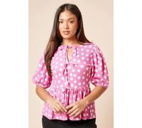 Dorothy Perkins Petite Bow Tie Front Puff Sleeve Jersey Top In Pink pink 14
