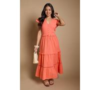 Dorothy Perkins Petite Button Front Frill Sleeve Midaxi Dress, 12, Coral