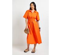 Dorothy Perkins Women's Petite Collar Shirred Waist Detail Poplin Midi Dress in Orange | Size: 8