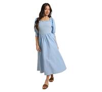 Dorothy Perkins Petite Contrast Stitch Shirred Bodice Puff Sleeve Midi Dress, 10, Blue