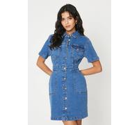 Dorothy Perkins Women's Petite Denim Short Sleeve Mini Dress in Mid Wash | Size: 6 Dorothy Perkins Mid Wash 6