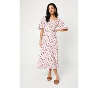 Dorothy Perkins Women's Petite Ditsy Ruched Front Puff Sleeve Jersey Midi Dress in Ivory | Size: 6 Dorothy Perkins Ivory 6