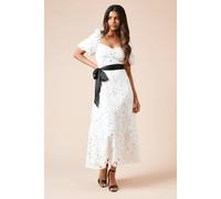 Womens Petite DP Luxe Cutwork Lace Contrast Belt Midi Dress White 10