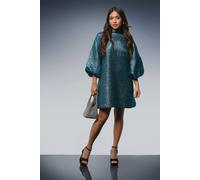 Dorothy Perkins Petite Dp Luxe Metallic Jacquard Blouson Sleeve Mini Dress In Blue blue