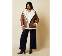 Womens Petite Faux Leather Longline Aviator Jacket Brown 10
