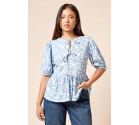 Dorothy Perkins Petite Floral Bow Tie Front Puff Sleeve Jersey Top In Blue blue 8