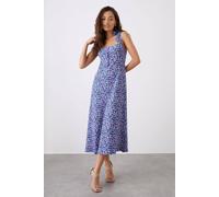 Womens Petite Floral Button Front Tie Shoulder Midi Dress Lilac 10