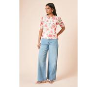 Dorothy Perkins Petite Floral Gathered Neckline Puff Sleeve Jersey Mesh Top floral 6