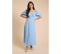 Dorothy Perkins Women's Petite Floral Ruched Scoop Neck Midi Dress in Blue | Size: 10