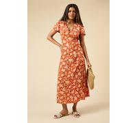 Dorothy Perkins Petite Floral Ruffle Sleeve Button Midi Dress, 8, Rust