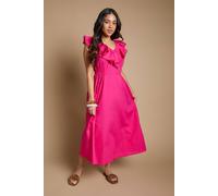 Dorothy Perkins Petite Frill Neckline Lace Detail Printed Midi Dress, 10, Pink