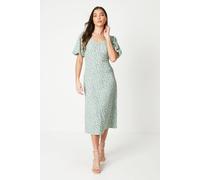 Womens Petite Green Animal Ruched Front Puff Sleeve Midi Dress Green 6