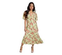 Dorothy Perkins Petite Green Floral Button Front Angel Sleeve Tie Back Midi Dress, 10, Green