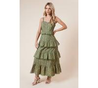 Dorothy Perkins Petite Green Linear Floral Printed Ruffle Pom Pom Midi Dress, 10, Green