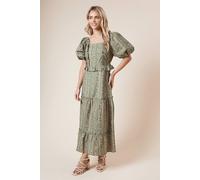 Womens Petite Green Linear Poplin Ruffle Square Neck Midi Dress Green 10