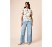 Dorothy Perkins Women's Petite Ivory Floral Keyhole Ruched Front Angel Sleeve Jersey Mesh Top | Size: 8 Dorothy Perkins Ivory 8