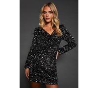 Womens Petite Lace Trim Sequin Mini Dress Silver 12