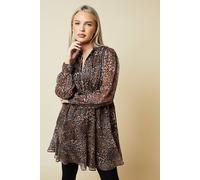 Womens Petite Leopard Chiffon Lace Insert Long Sleeve Mini Dress Leopard 8