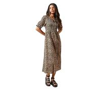 Dorothy Perkins Women's Petite Leopard Puff Sleeve Shirred Bodice Jersey Midi Dress | Size: 12