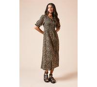 Dorothy Perkins Petite Leopard Puff Sleeve Shirred Bodice Jersey Midi Dress, 6, Leopard