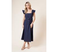 Dorothy Perkins Petite Linen Belted Sleeveless Midi Dress In Navy navy 10