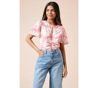 Dorothy Perkins Women's Petite Pink Floral Keyhole Ruched Front Angel Sleeve Jersey Mesh Top | Size: 10 Dorothy Perkins Pink 10