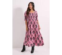 Dorothy Perkins Petite Pink Floral Shirred Bodice Puff Sleeve Square Neck Midi Dress pink 8