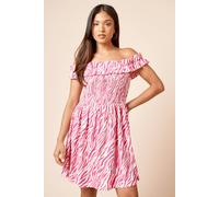 Womens Petite Pink Zebra Shirred Bodice Bardot Jersey Mini Dress Zebra 12